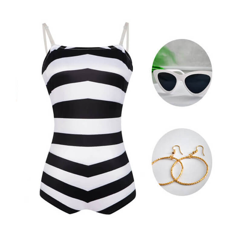Women Barbiecore Swim Suit Black White Chevron Stripe One Piece Bathing Suit with Sunglasses and Earrings