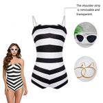 Women Swim Suit Black White Chevron Stripe One Piece Bathing Suit with Sunglasses and Earrings