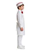 Kids Retro Ice Cream Seller Costume White Soda Jerk Outfit with Apron and Red Bowtie for Halloween Cosplay