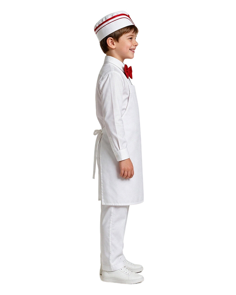 Kids Retro Ice Cream Seller Costume White Soda Jerk Outfit with Apron and Red Bowtie for Halloween Cosplay