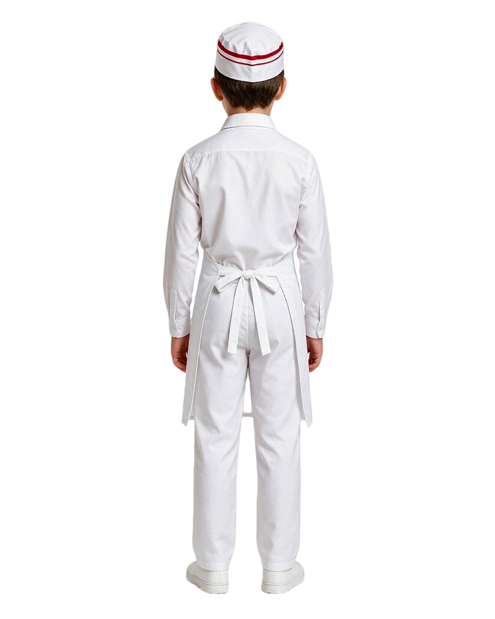 Kids Retro Ice Cream Seller Costume White Soda Jerk Outfit with Apron and Red Bowtie for Halloween Cosplay