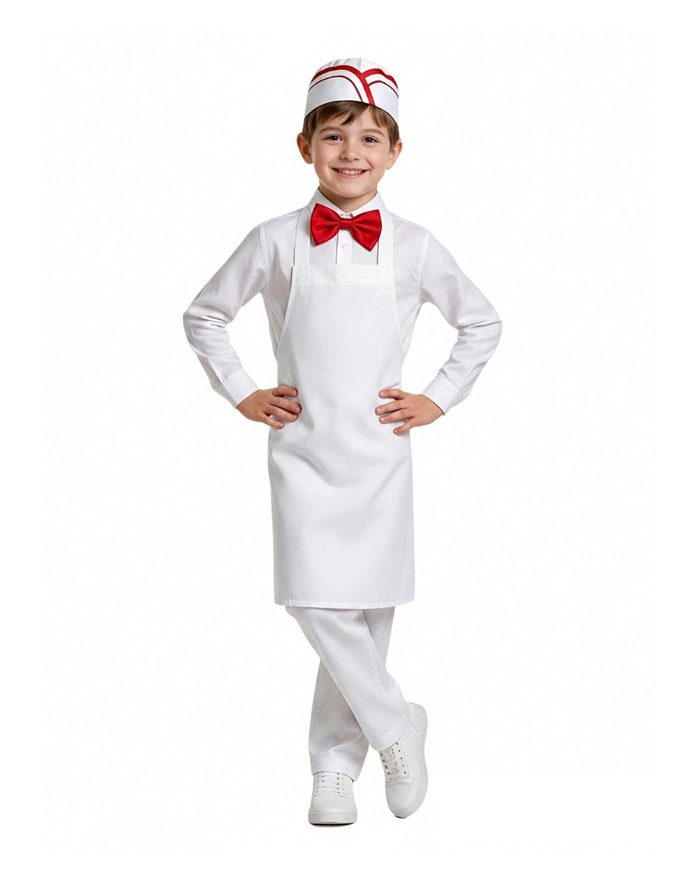 Kids Retro Ice Cream Seller Costume White Soda Jerk Outfit with Apron and Red Bowtie for Halloween Cosplay
