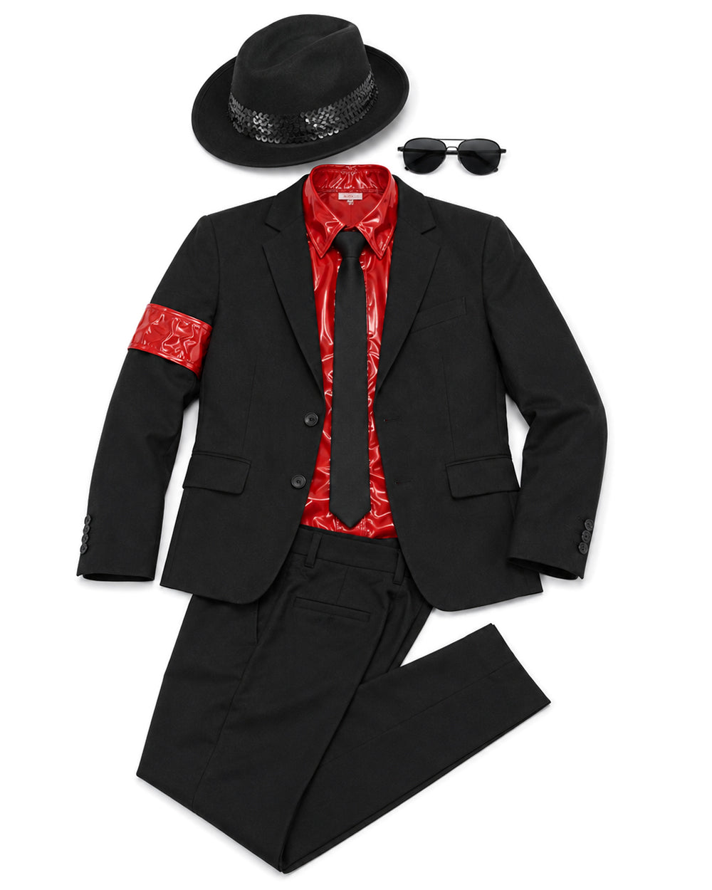 Boys King of Pop Costume Black Blazer Pants Red Shirt and Accessories 5pcs Set for Cosplay Carnival