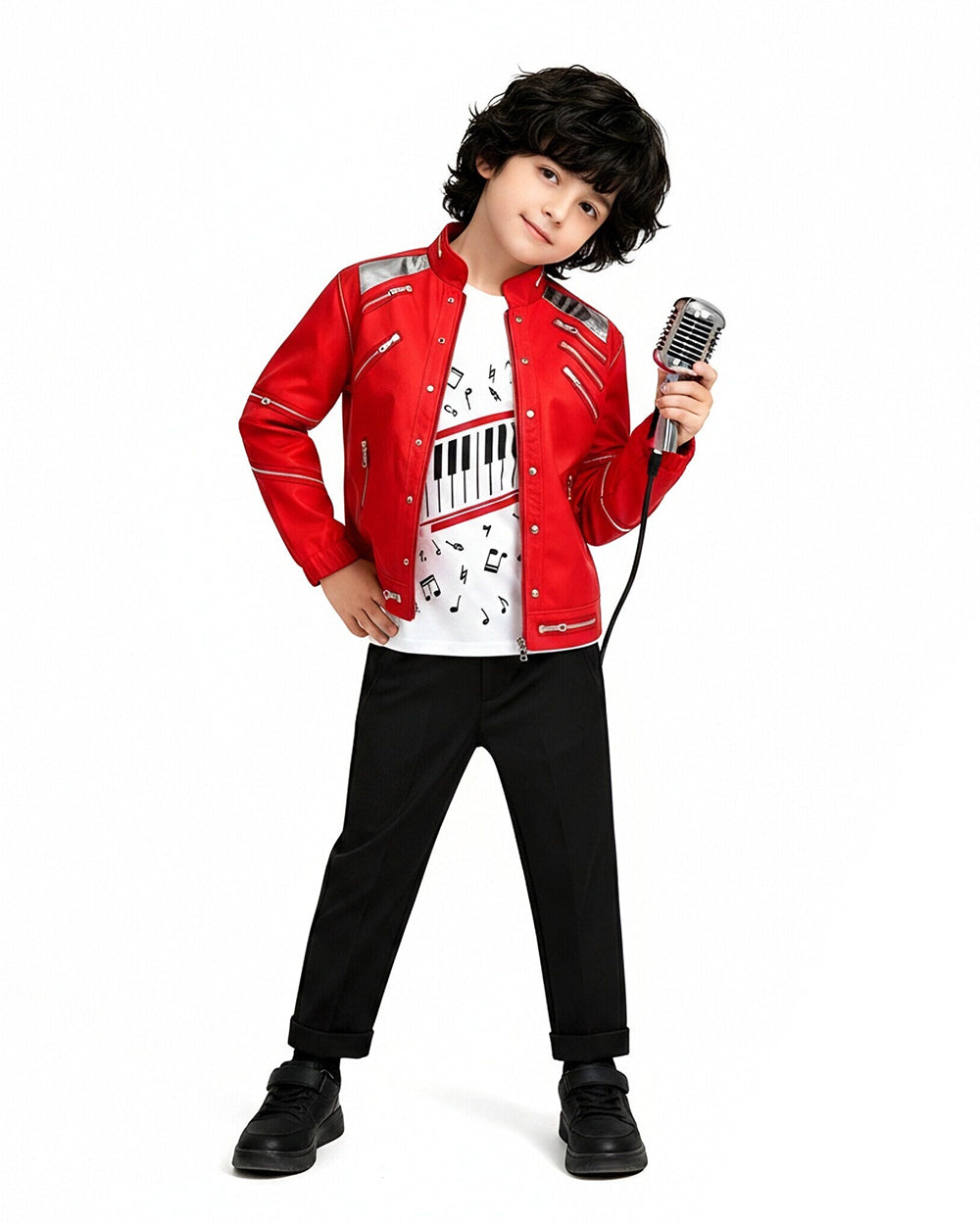 Kids Pop King Costume Retro 80s Red Tops Pants and Shirt Outfit for Stage Performance