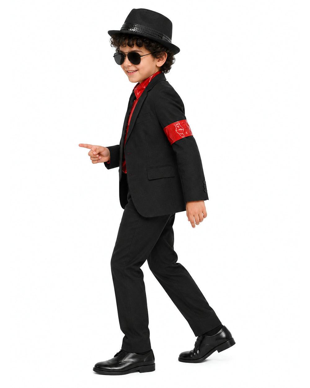 Boys King of Pop Costume Black Blazer Pants Red Shirt and Accessories 5pcs Set for Cosplay Carnival