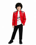 Boys Dance Star Costume Kids 80s Retro Pop Singer 3D Prints Red Jacket T-shirt Pants 3Pcs Set for Stage Performance