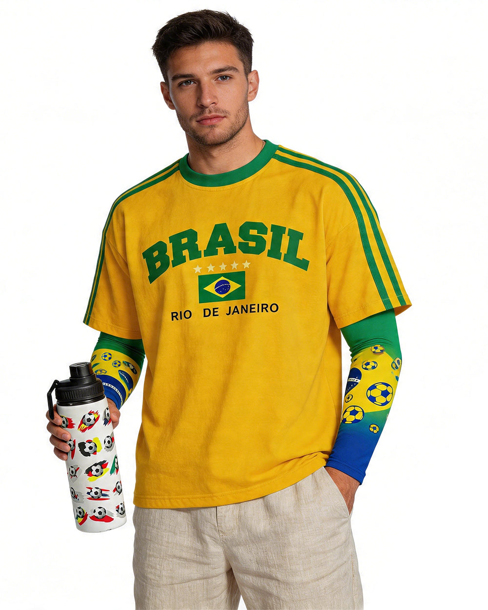 Brazil Football Jersey Oversized Shirt Arm Sleeves and Cool Color-Changing Soccer Water Bottle for Outdoor Activities