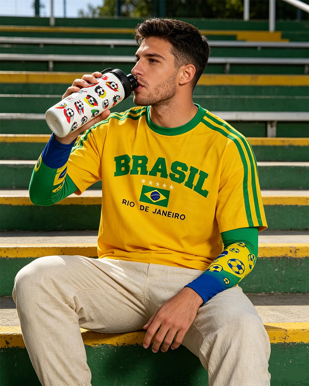 Brazil Football Jersey Oversized Shirt Arm Sleeves and Cool Color-Changing Soccer Water Bottle for Outdoor Activities