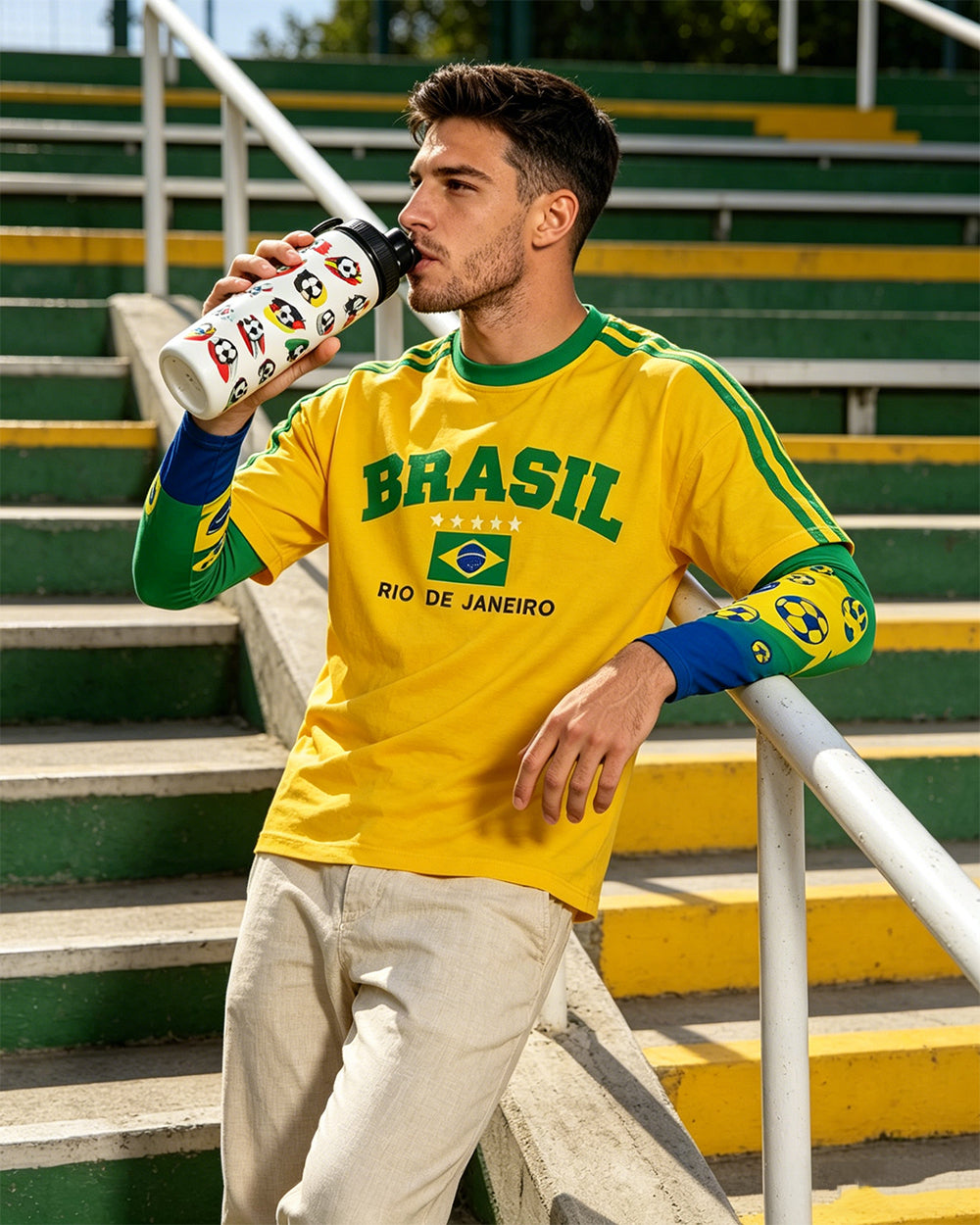Brazil Football Jersey Oversized Shirt Arm Sleeves and Cool Color-Changing Soccer Water Bottle for Outdoor Activities