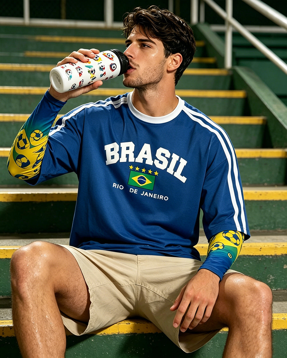 Brazil Football Jersey Oversized Shirt Arm Sleeves and Cool Color-Changing Soccer Water Bottle for Outdoor Activities