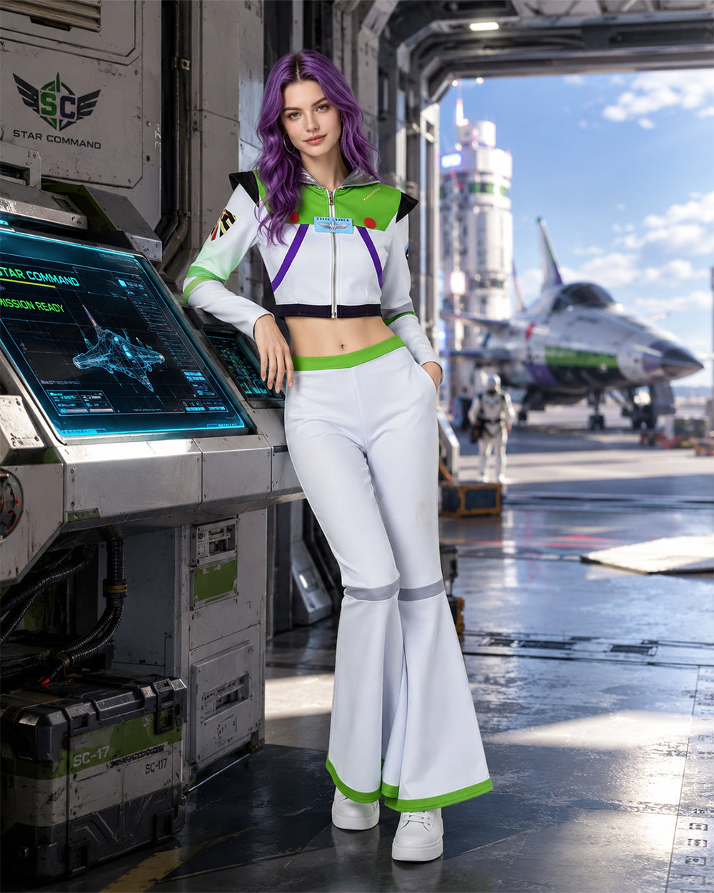 Girls Women Space Ranger Costume Green Cropped Jacket and Flare Pants Set for Halloween Carnival