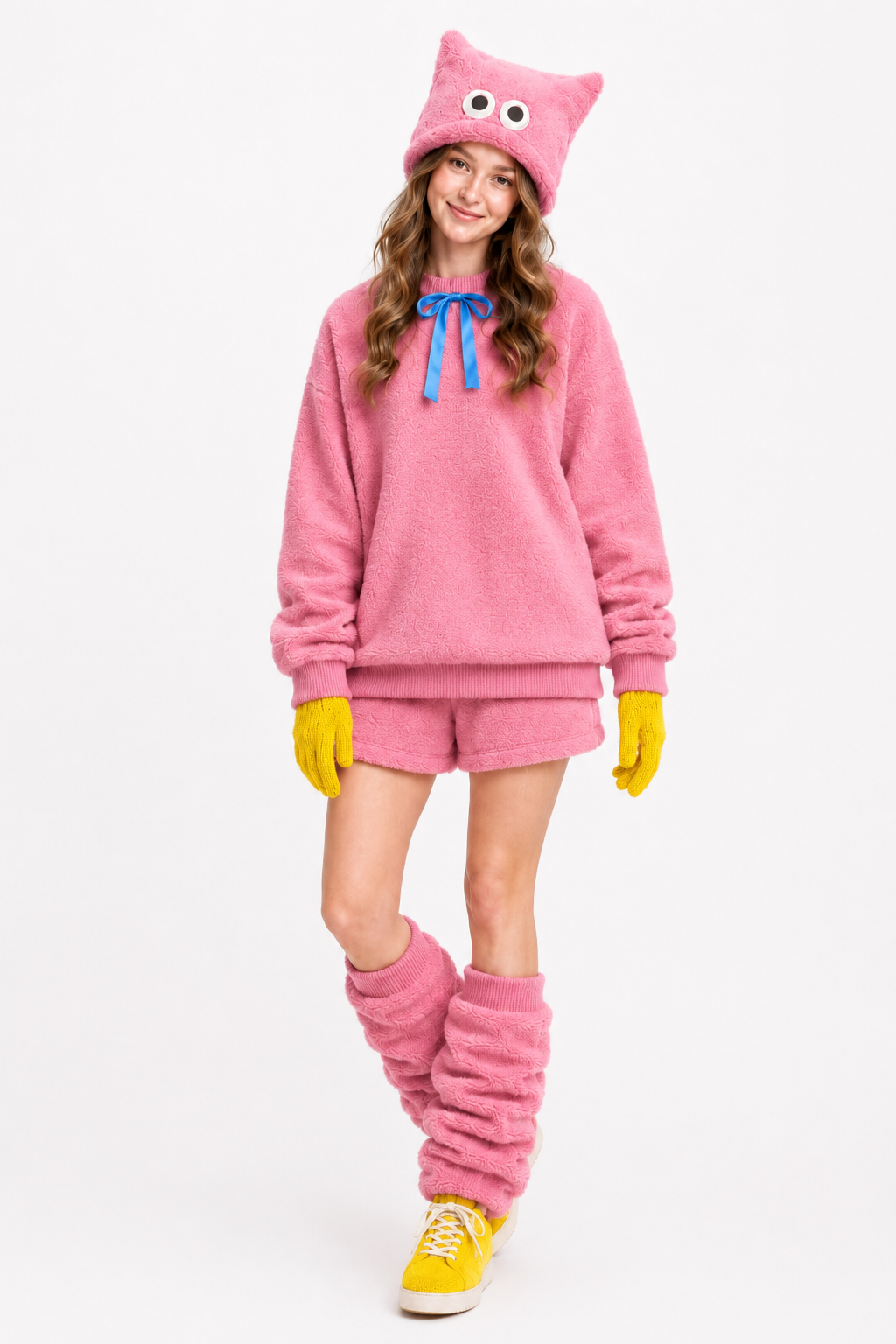 Pink Monster Costume Scary Toy Factory Fluffy Outfit with Hat and Leg Warmers for Kids Adults Halloween Dress Up