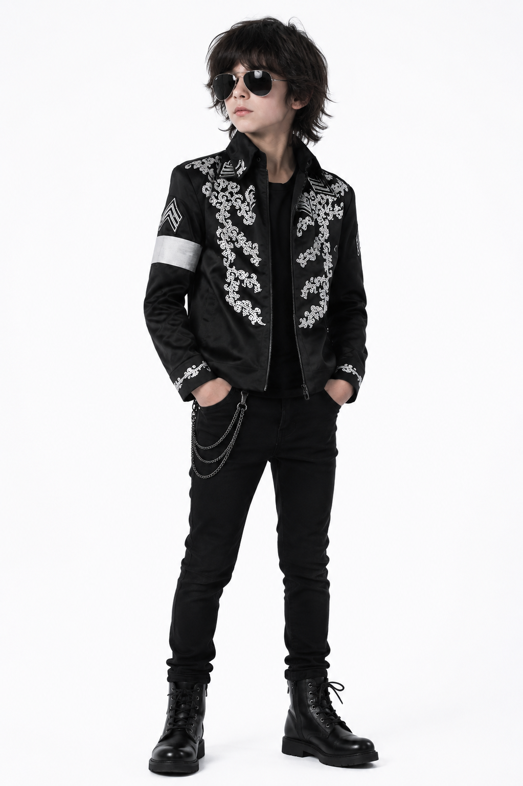 Pop Star Outfit Black Jacket Shirt and Pants 3pcs Suit for Kids Adults Halloween Cosplay Party