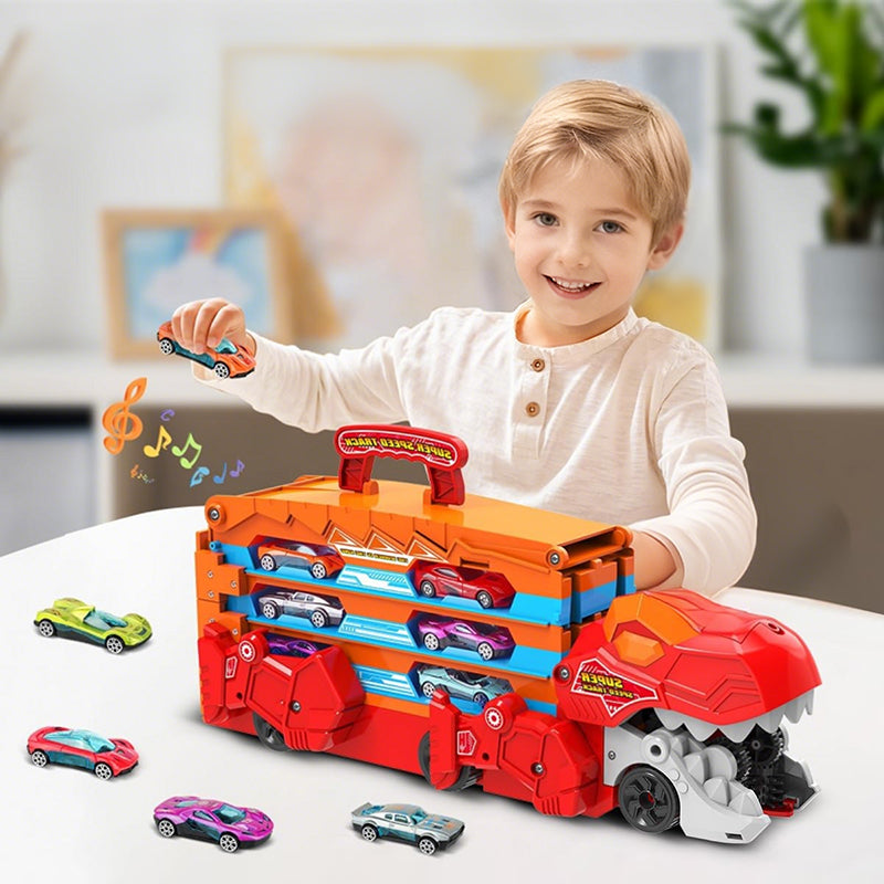 Kids Dinosaur 3-In-1 Transport Truck with 8 Race Cars Ejection Folding Track Portable Vehicles Set