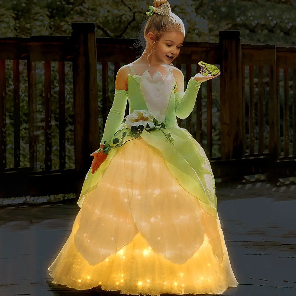 Tiana Frog Princess Costume Princess Light Up Dress Girls Off Shoulder Party Dress