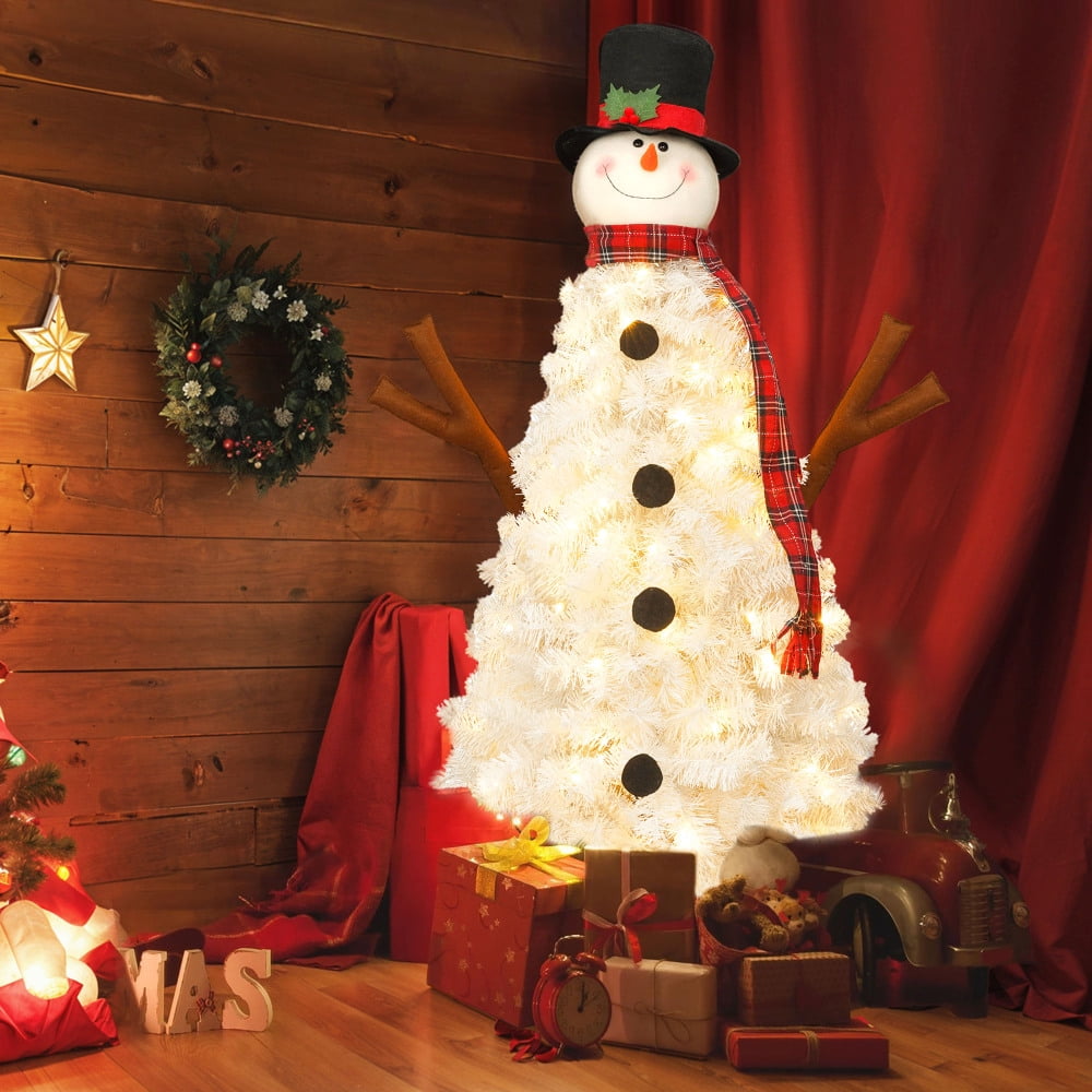 4ft Snowman-Shaped Christmas Tree with 100 Warm Lights Artificial Xmas Tree Holiday Decoration