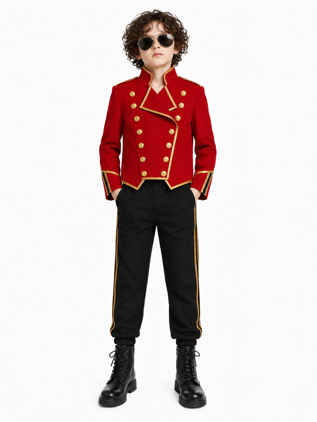 Kids Pop King Costume Red Jacket Pants and Glasses for Cosplay Events Halloween Party