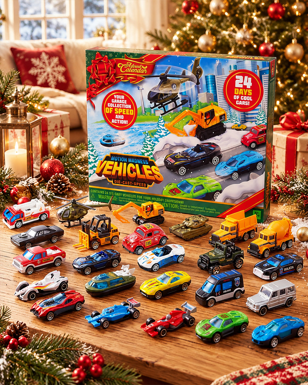 2026 Car Advent Calendar 24-Day Christmas Countdown Gift Box with Mini Toy Vehicles for Kids
