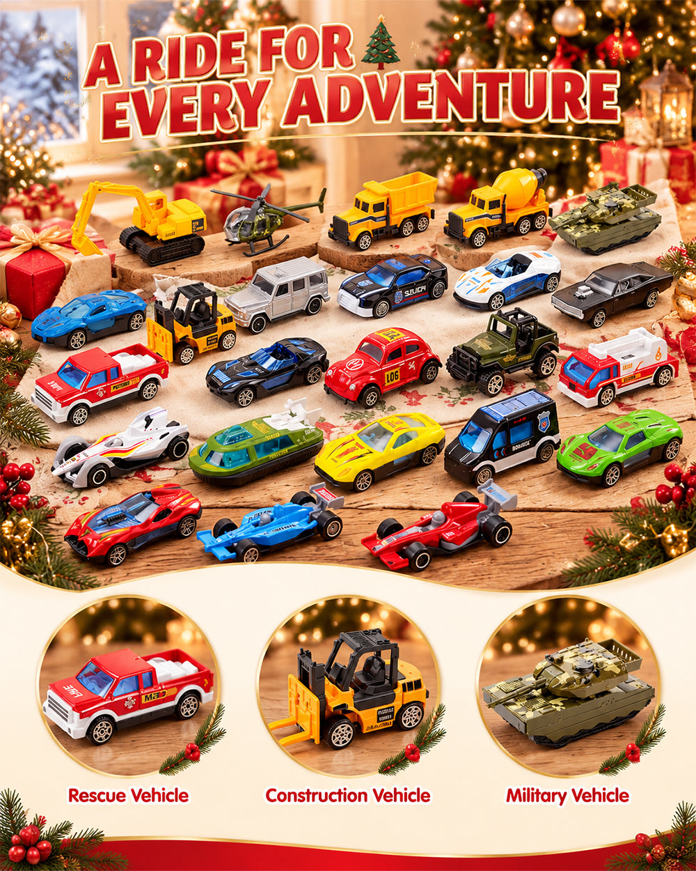 2026 Car Advent Calendar 24-Day Christmas Countdown Gift Box with Mini Toy Vehicles for Kids