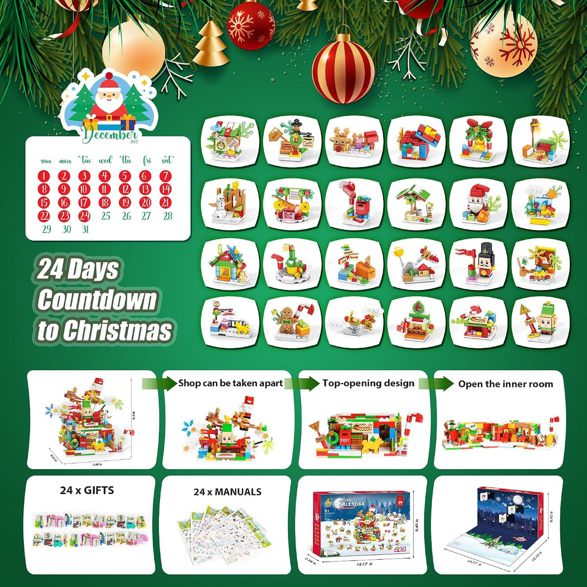 Christmas Advent Calendar with Building Bricks 24 in 1 Santa's Work Shop Countdown for Boys and Girls 6+