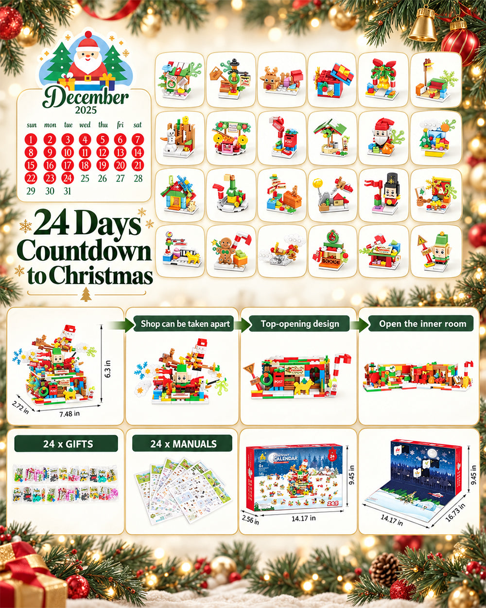 Christmas Advent Calendar with Building Bricks 24 in 1 Santa's Work Shop Countdown for Boys and Girls 6+