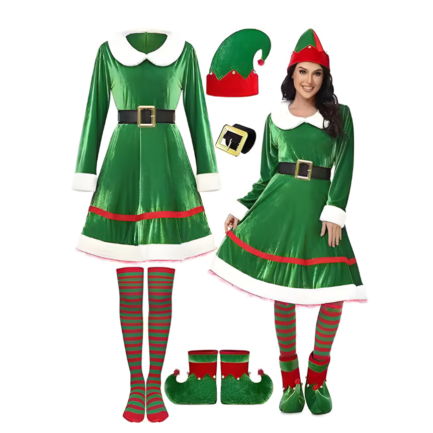 Ladies Elf Costume Soft Velvet Xmas Party Outfits Womens Elf Suit