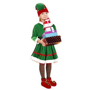 Girls Elf Costume Soft Velvet Xmas Party Outfits Kids Elf Suit