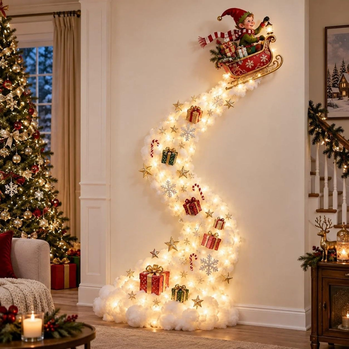 Christmas Lights 3D Magic Snowman Wall Sconce with Cascading Fairy Lights Hanging Holiday Decor for Living Room