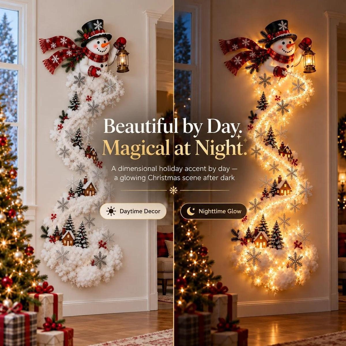 Christmas Lights 3D Magic Snowman Wall Sconce with Cascading Fairy Lights Hanging Holiday Decor for Living Room