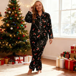 Lady Christmas Sleepwear Plus Size Satin PJS with Christmas Candy Cane for A Cozy Holiday