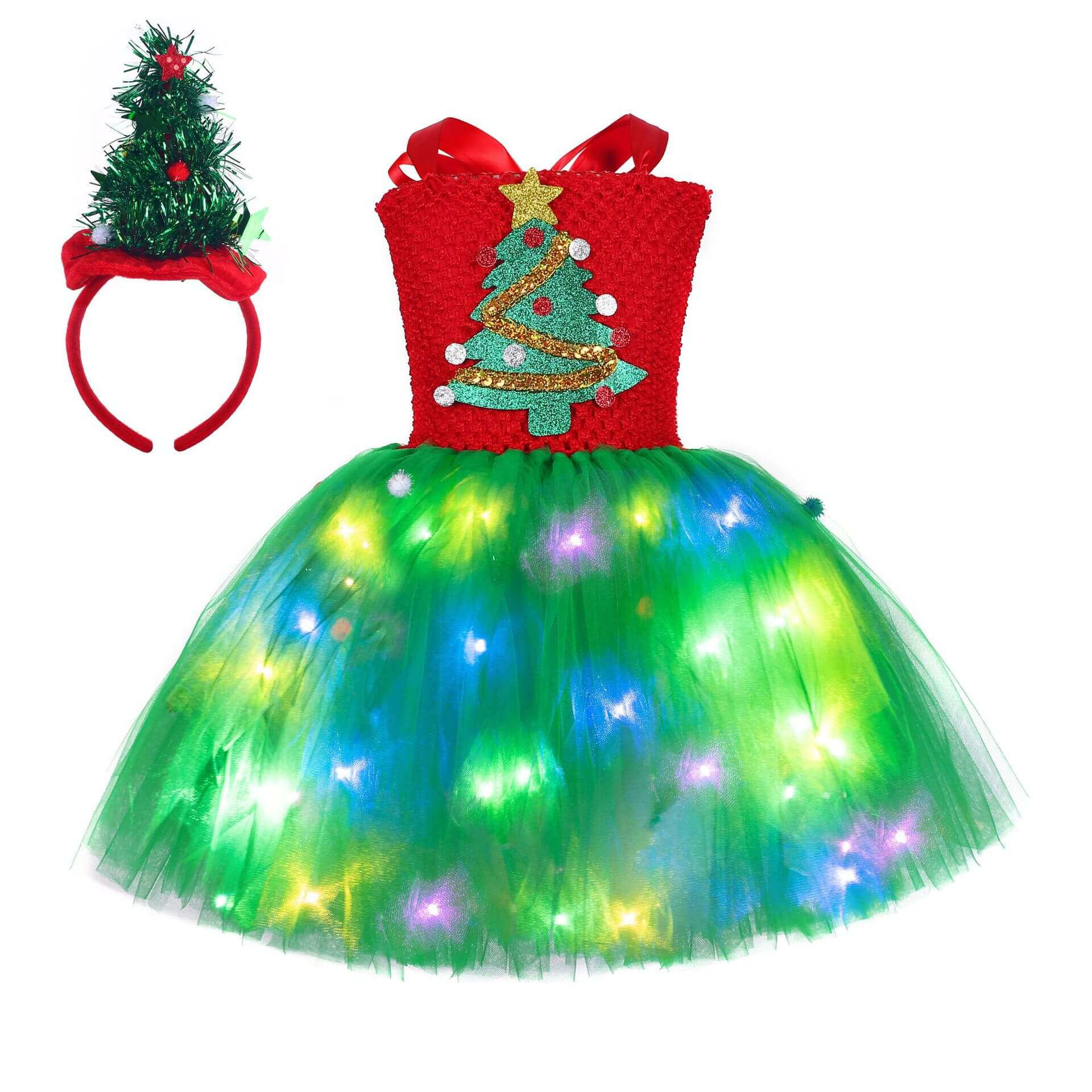 Christmas Elf Costume for Girls Toddler LED Light Up Tutu Dress and Elf Hat 2pcs Suit for Holiday Party