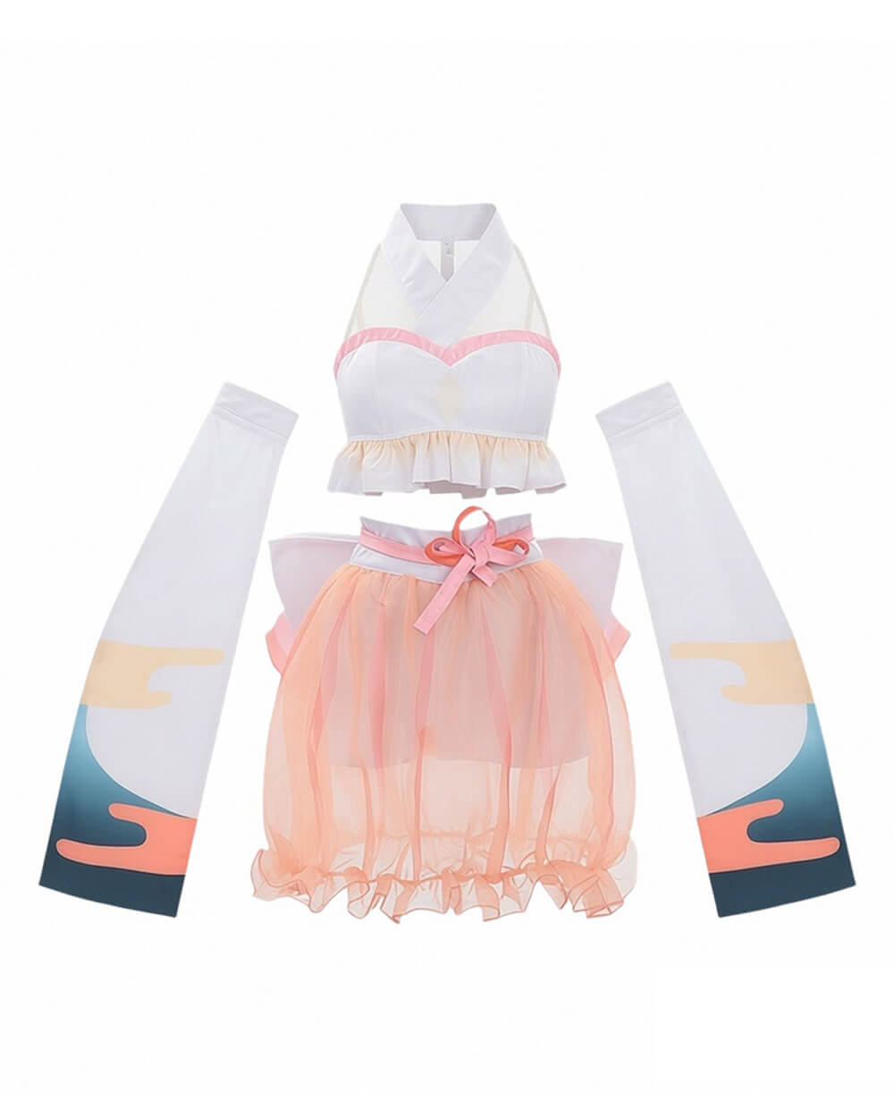 Kaguya Stage Performance Outfit Pink Backless Tops with Skirt and Flowing Detached Sleeves