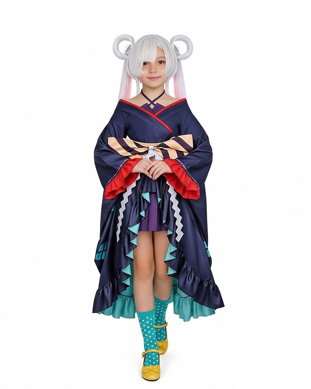 Yachiyo High-Low Kimono Navy Blue Coat with Skirt and Large Striped Bowknot