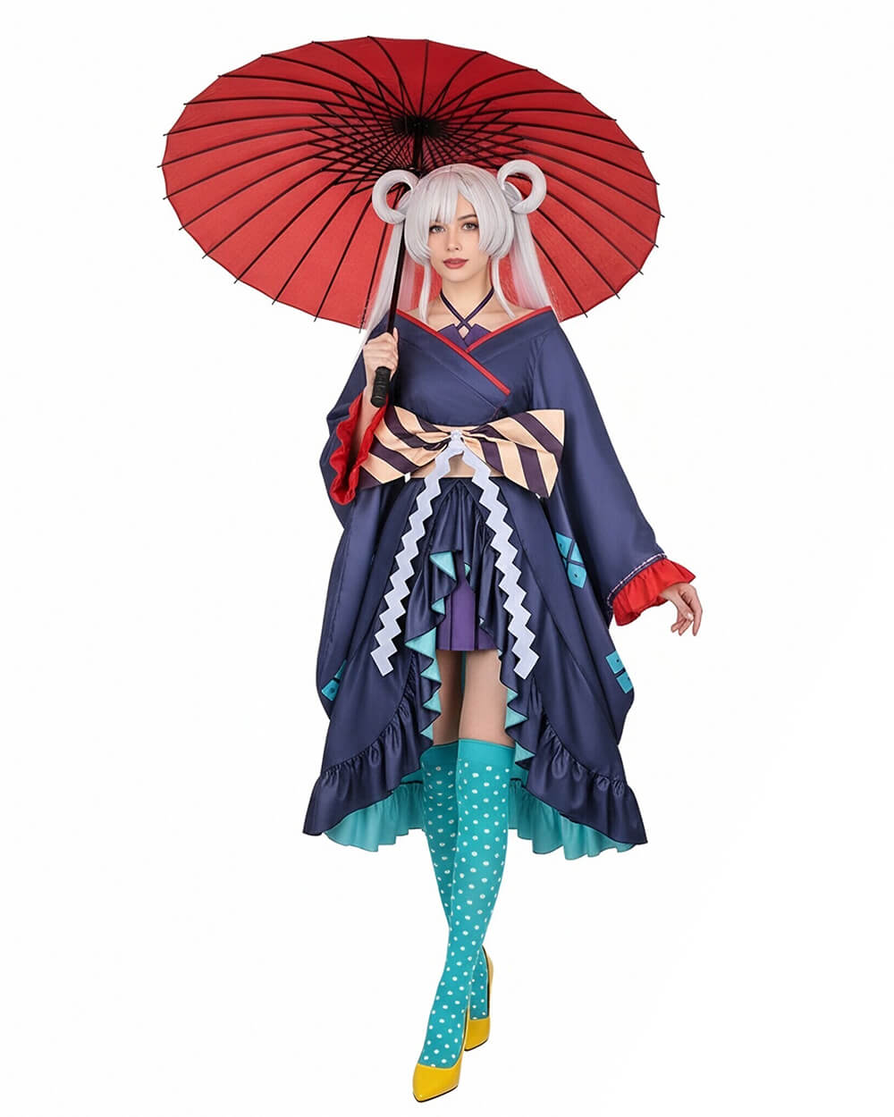 Yachiyo High-Low Kimono Navy Blue Coat with Skirt and Large Striped Bowknot