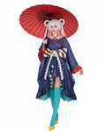 Yachiyo High-Low Kimono Navy Blue Coat with Skirt and Large Striped Bowknot
