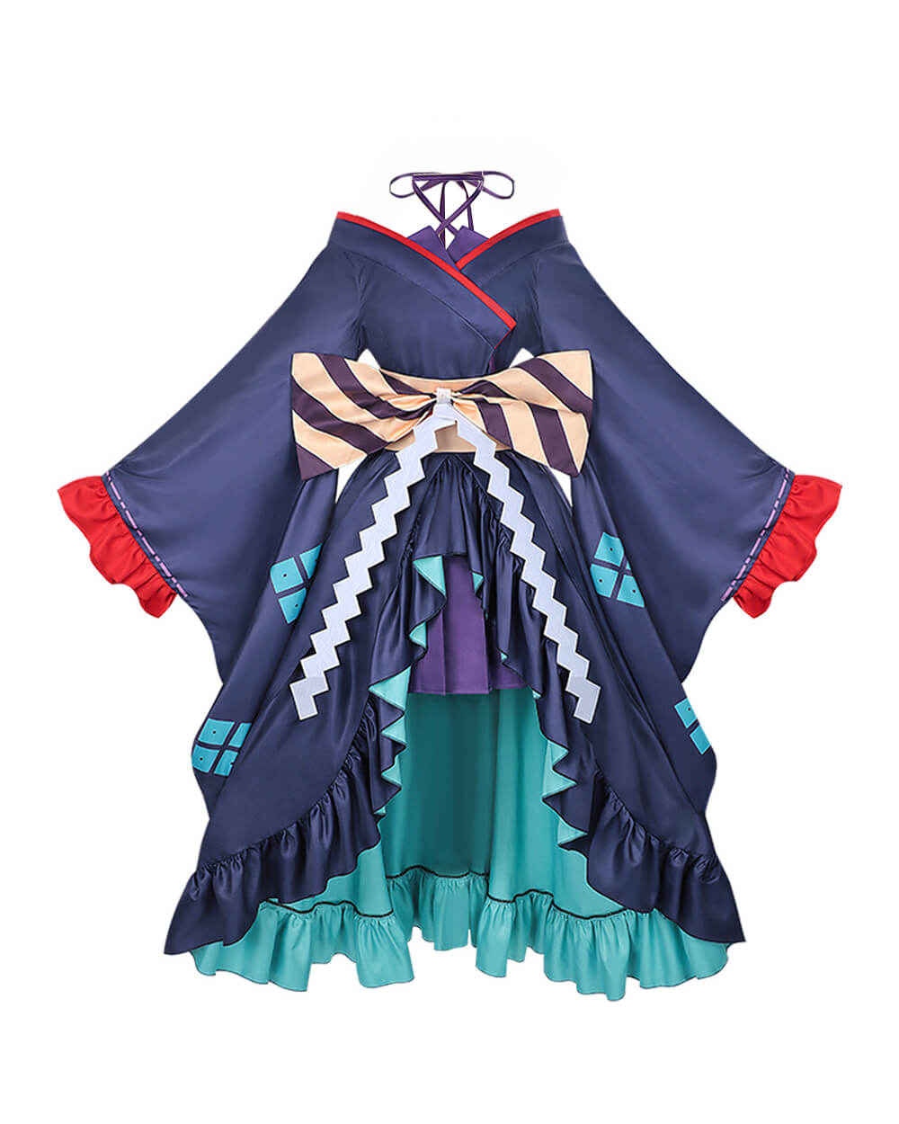 Yachiyo High-Low Kimono Navy Blue Coat with Skirt and Large Striped Bowknot