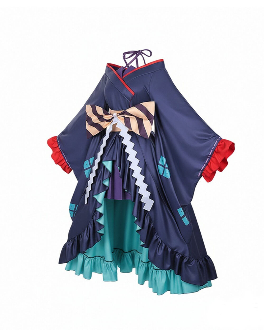 Yachiyo High-Low Kimono Navy Blue Coat with Skirt and Large Striped Bowknot