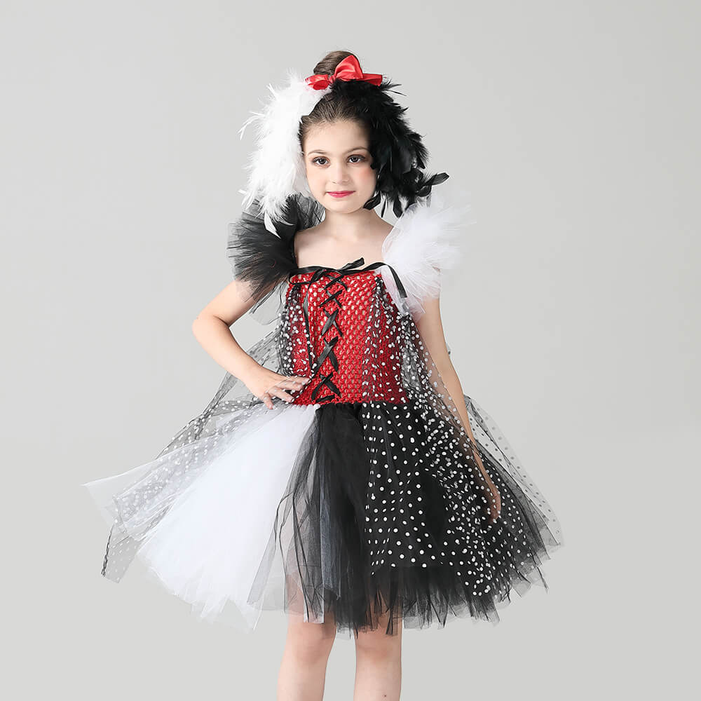 Kids Spots Tutu Dress with Headband for Girls Halloween Cosplay