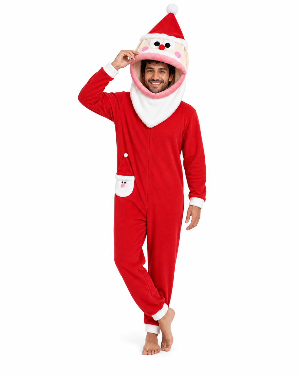 Funny Santa Claus Hooded Fleece Onesie Novelty Christmas Loungewear Jumpsuit for Adults Holiday Parties