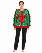 Women's Ugly Christmas Sweater 3D Long Sleeve Pullover with Tinsel Garland and Red Bow for Xmas Party