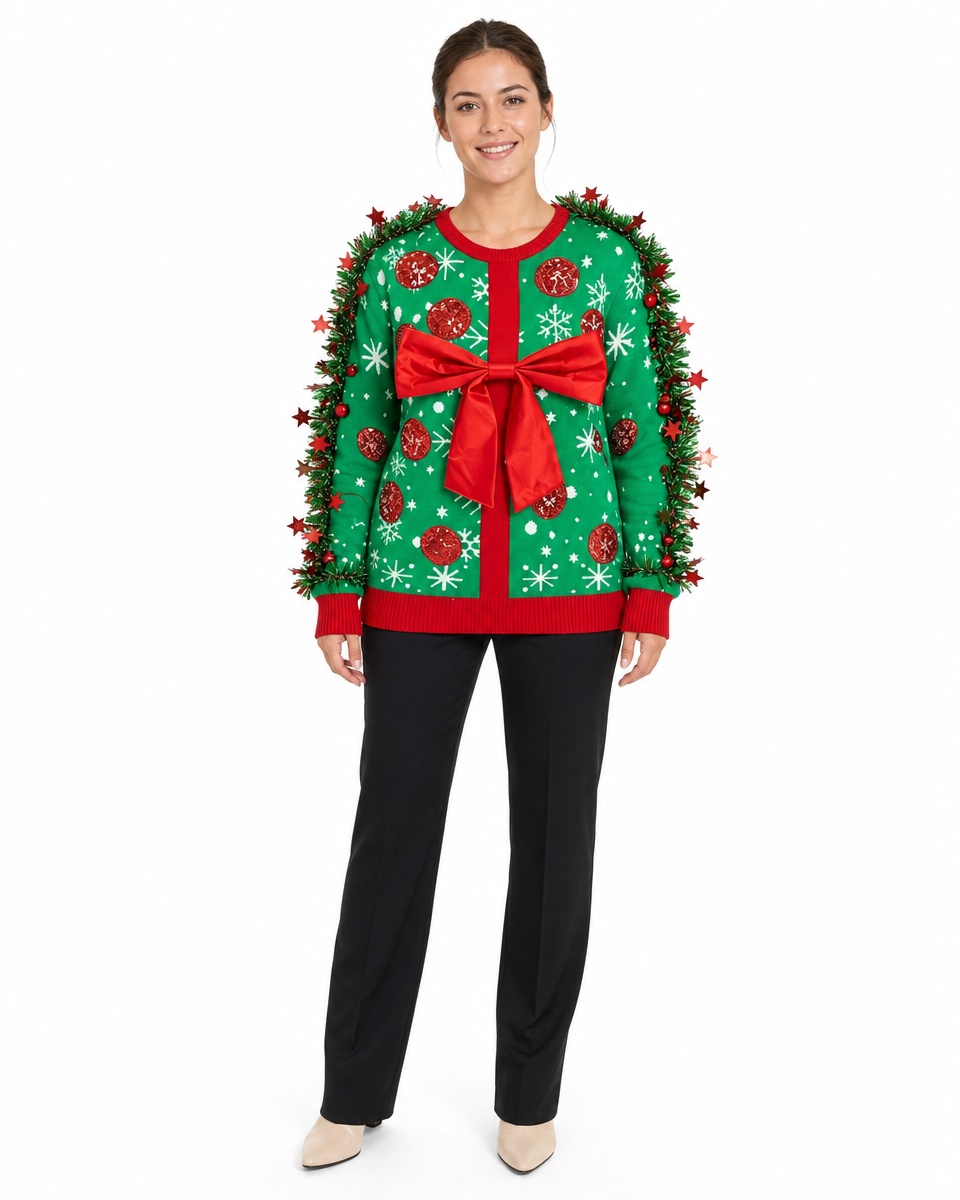 Women's Ugly Christmas Sweater 3D Long Sleeve Pullover with Tinsel Garland and Red Bow for Xmas Party