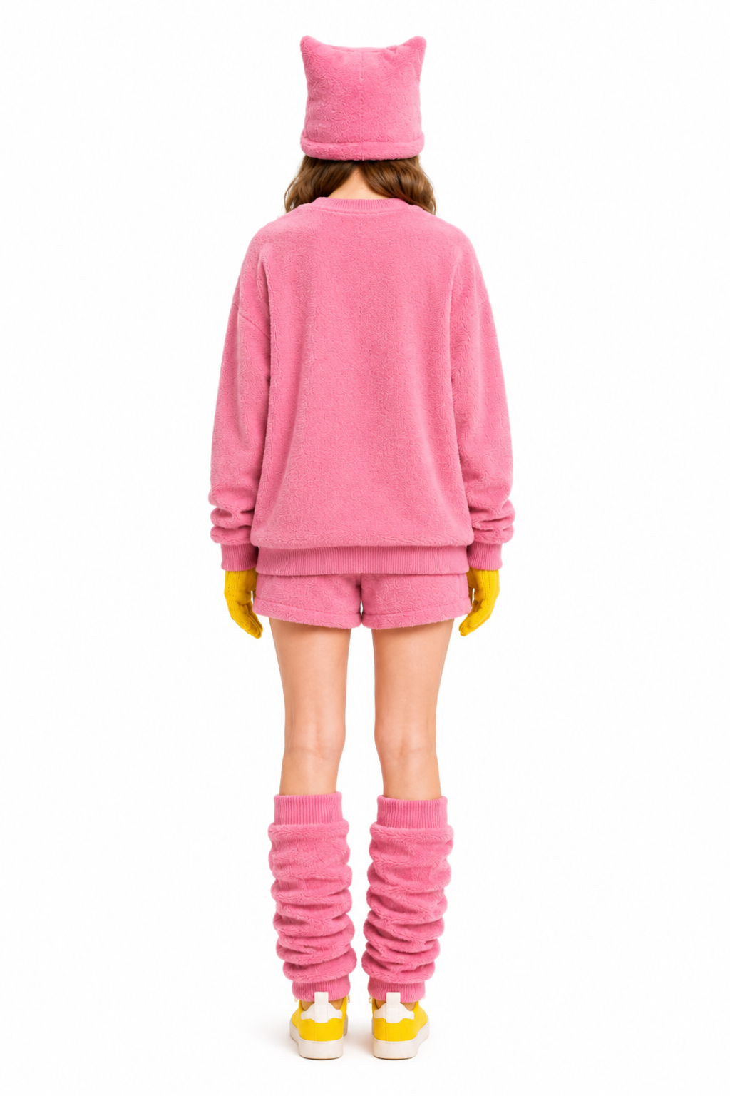 Pink Monster Costume Scary Toy Factory Fluffy Outfit with Hat and Leg Warmers for Kids Adults Halloween Dress Up