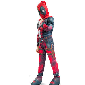 Kids Deady Pool Costume Red Muscle Jumpsuit with Helmet 2pcs Suit for Dress Up Party