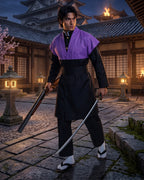 Mens Demon Hunter Costume Japanese Slayer Purple Sleeveless Kimono and Black Uniform Suit for Halloween Cosplay
