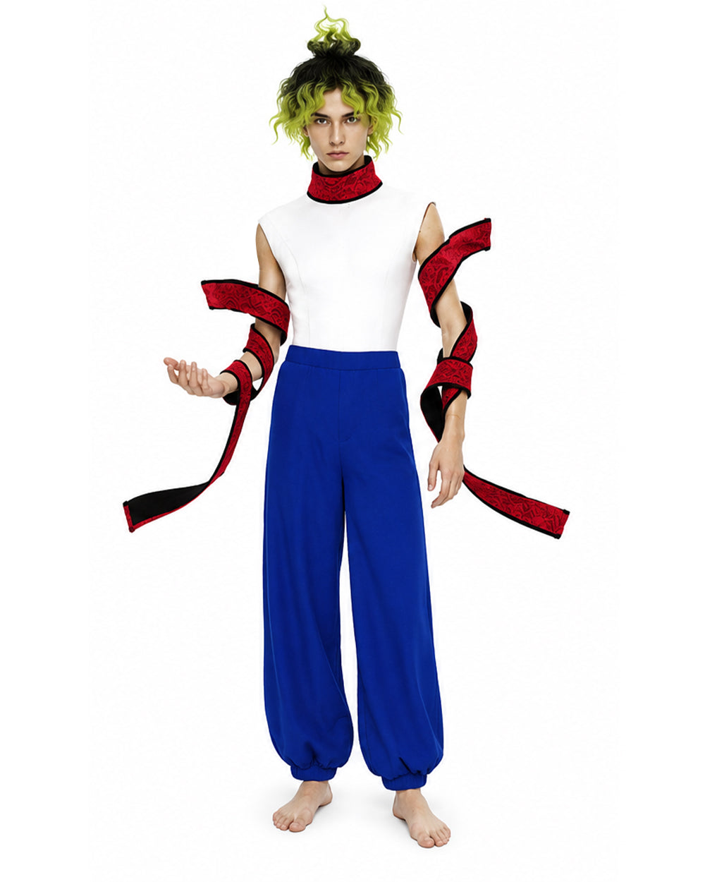 Adult Demon Brother Outfit Blue Baggy Pants Red Neck Choker and Arm Bandages Set for Cosplay