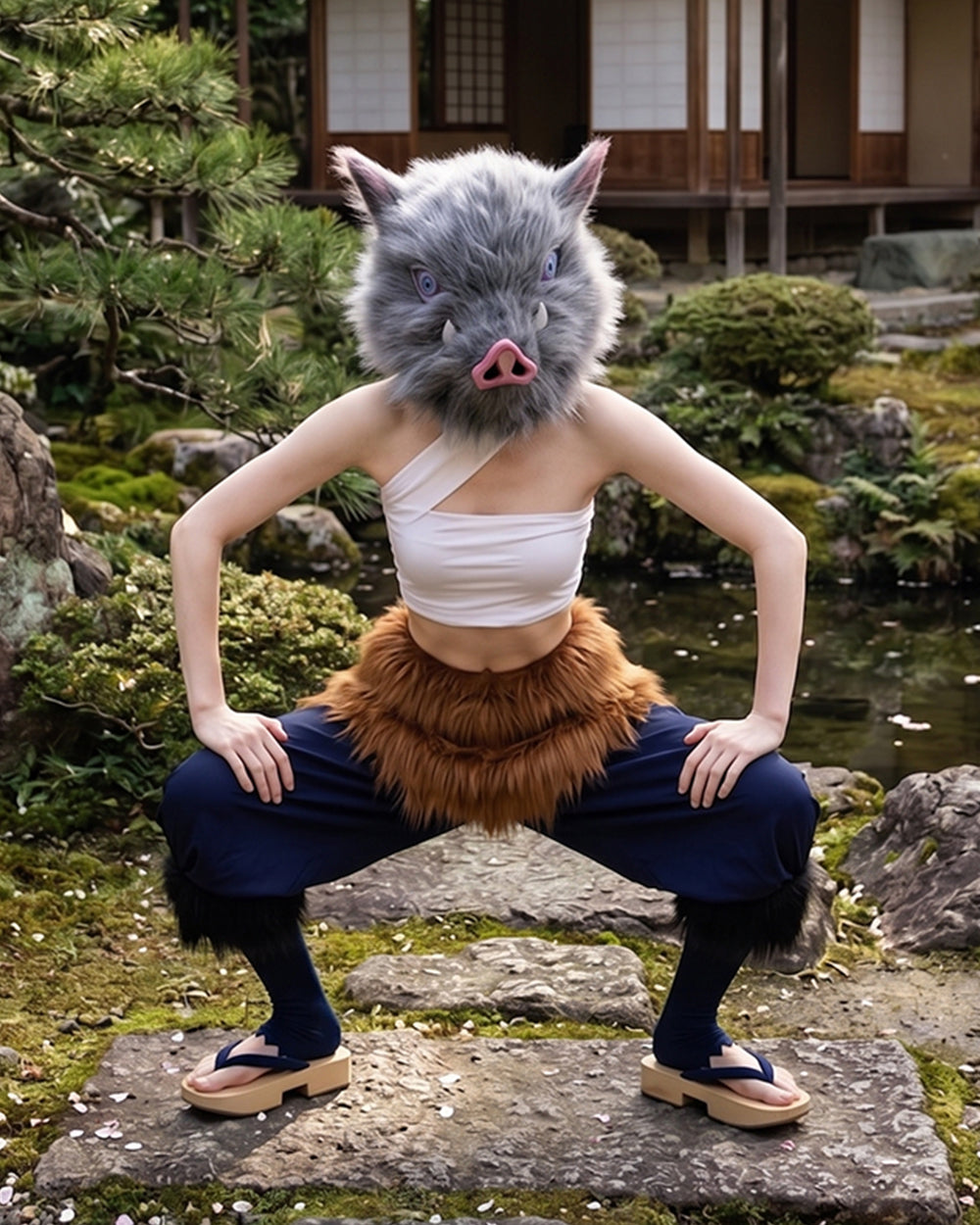 Women Wild Beast Costume White Tube Top Faux Fur Skirt and Blue Pants Socks Wraps Set for Halloween Carnival