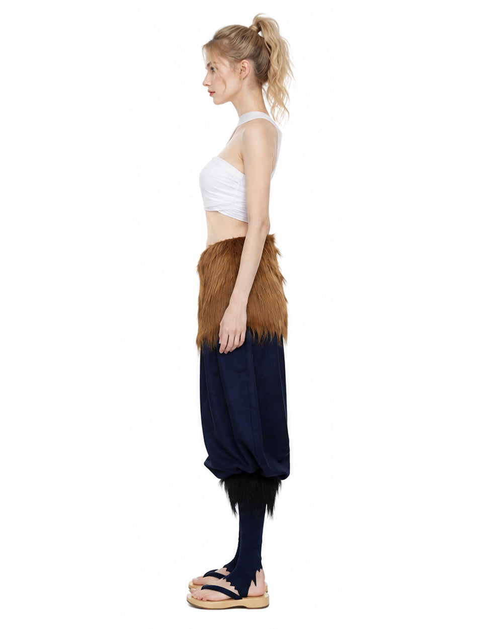 Women Wild Beast Costume White Tube Top Faux Fur Skirt and Blue Pants Socks Wraps Set for Halloween Carnival