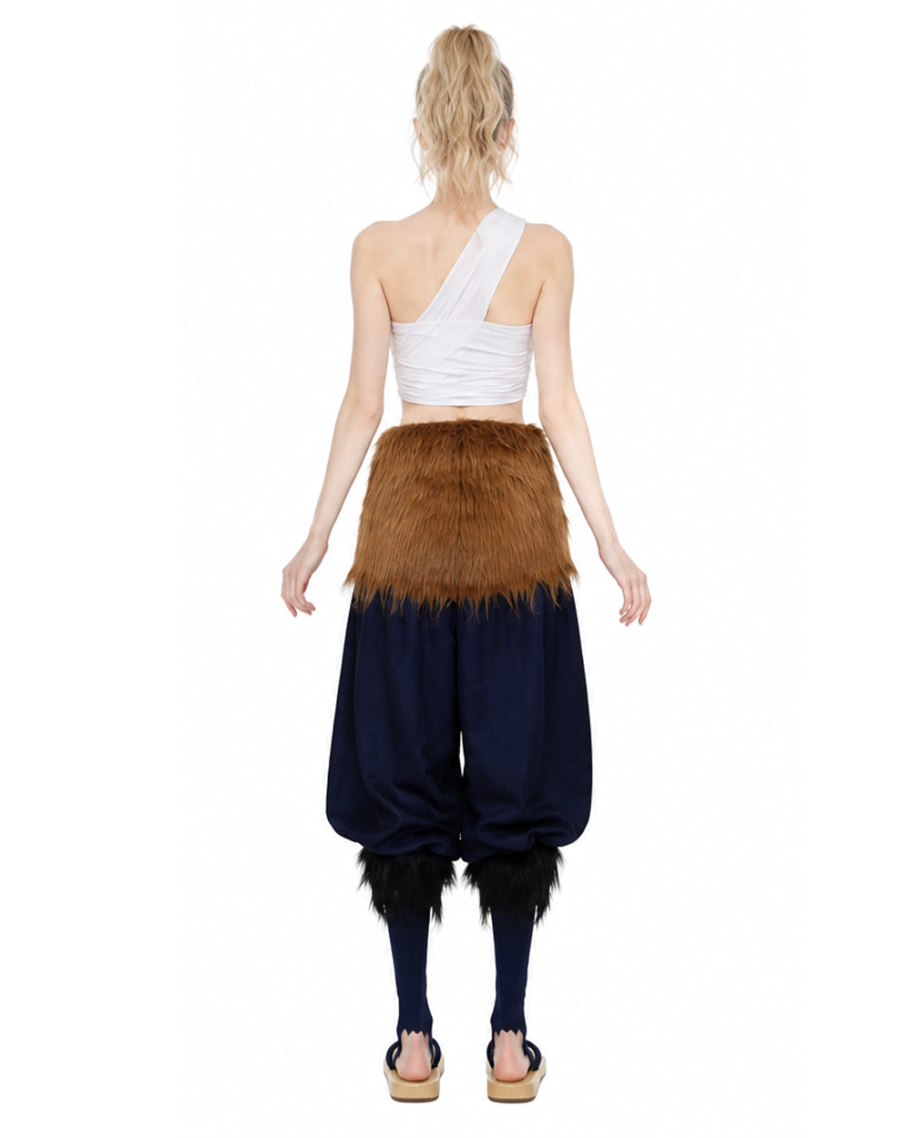 Women Wild Beast Costume White Tube Top Faux Fur Skirt and Blue Pants Socks Wraps Set for Halloween Carnival
