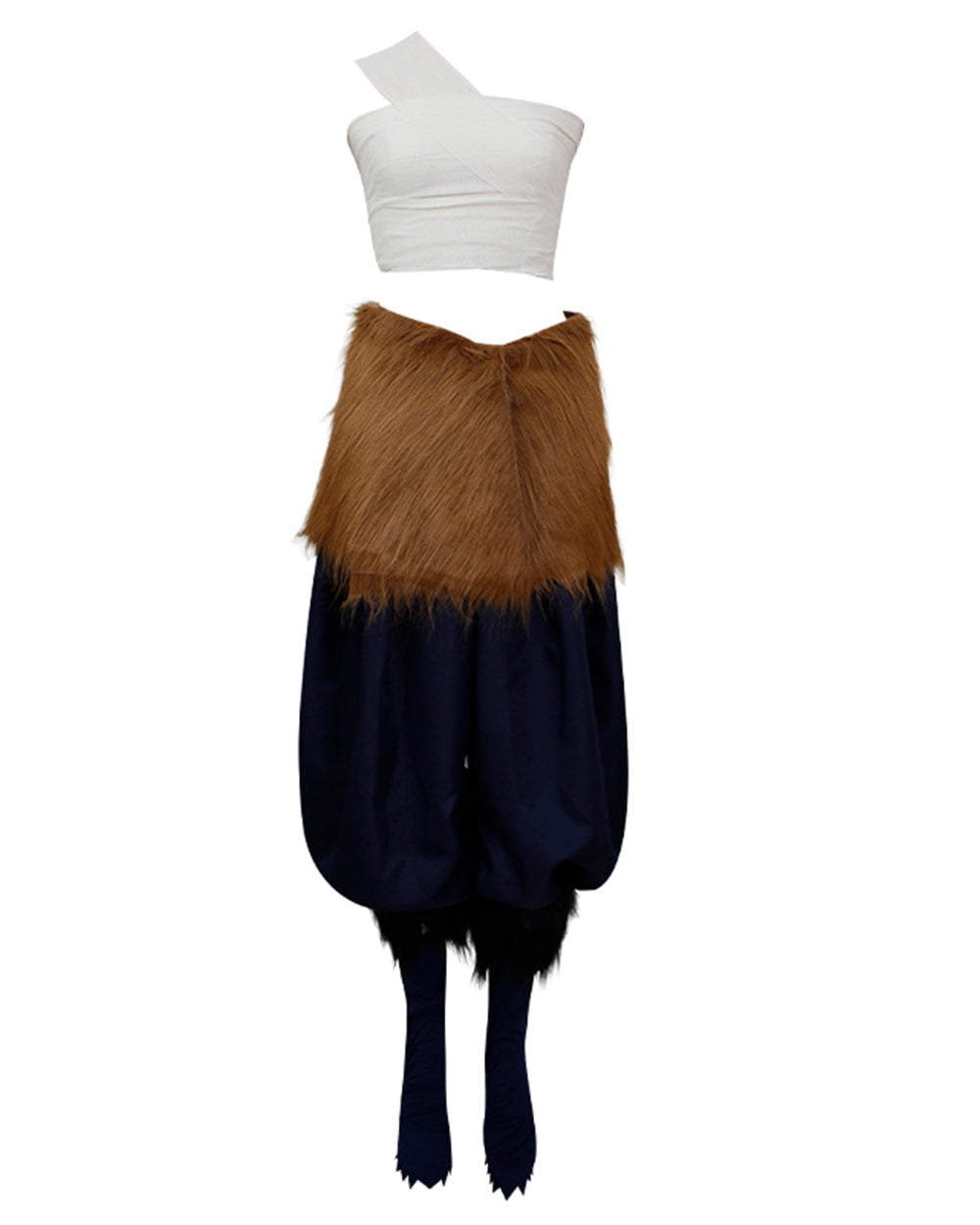 Women Wild Beast Costume White Tube Top Faux Fur Skirt and Blue Pants Socks Wraps Set for Halloween Carnival