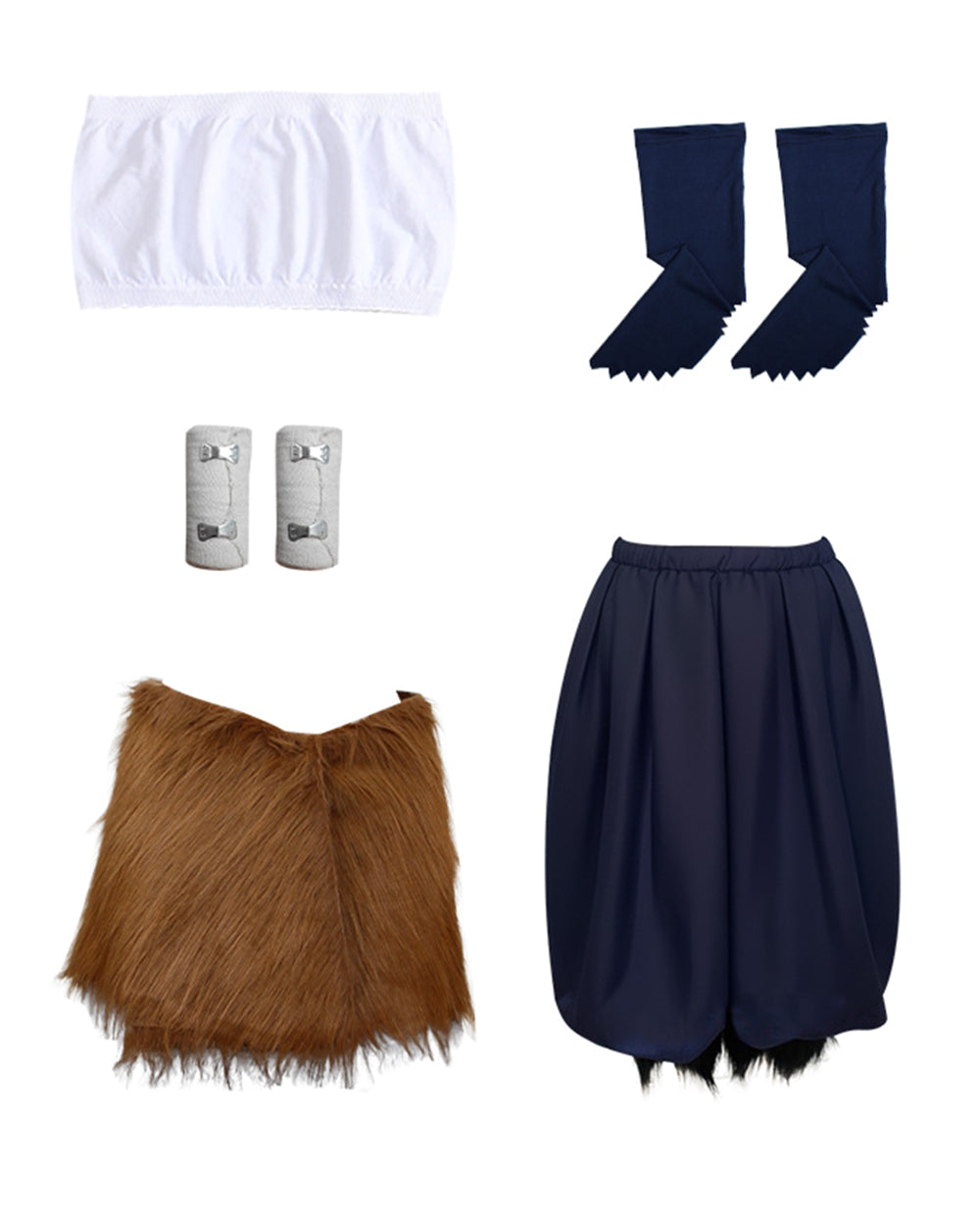 Women Wild Beast Costume White Tube Top Faux Fur Skirt and Blue Pants Socks Wraps Set for Halloween Carnival